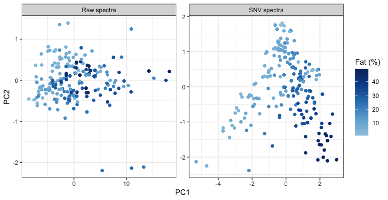 Scores of the first two principal components of the raw and the SNV spectra, colored by fat content.